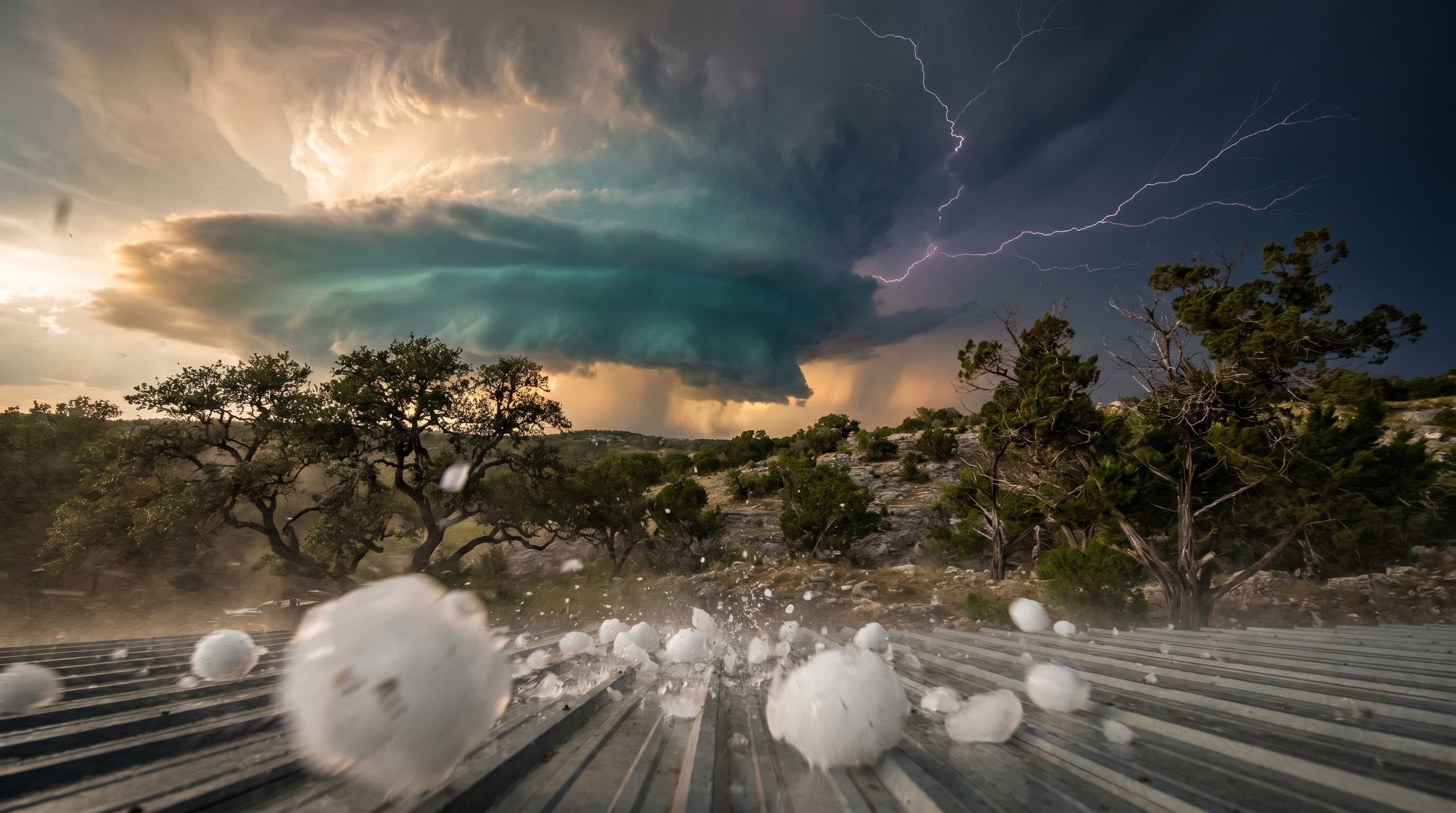 Texas Hill Country supercell hailstorm with softball-sized hail striking a residential metal roof - March 10 2026 Leakey hail event